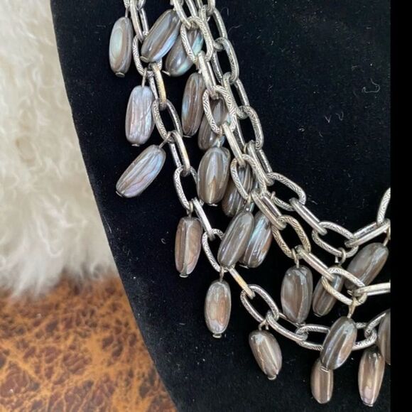 Necklace Three Tiered Black Rope/Matte Silver Tone Chain With Oblong beads - Picture 2 of 11